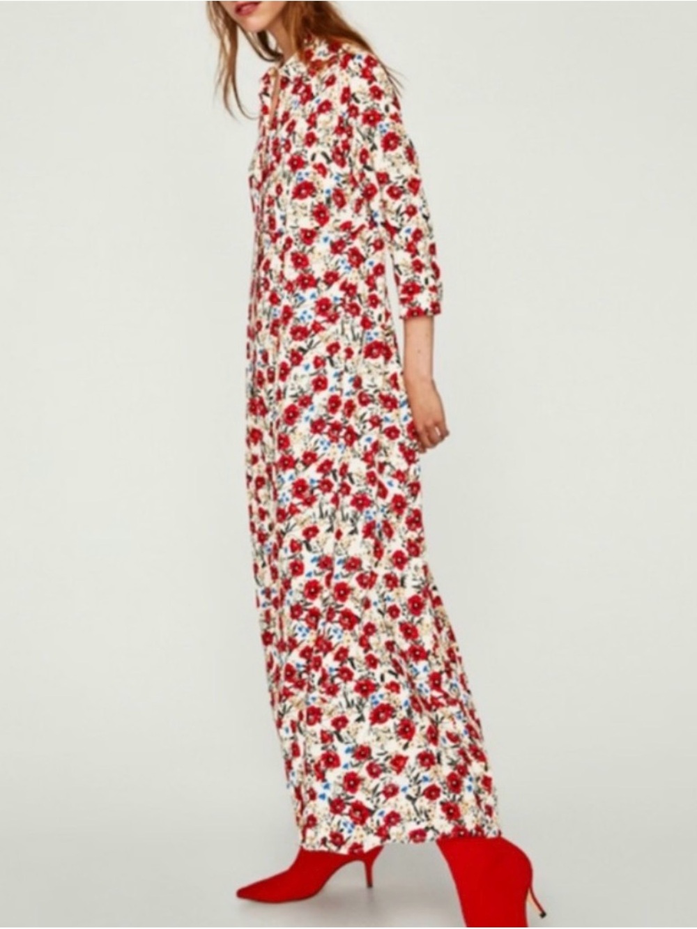 Zara Red Floral Cream Maxi Dress